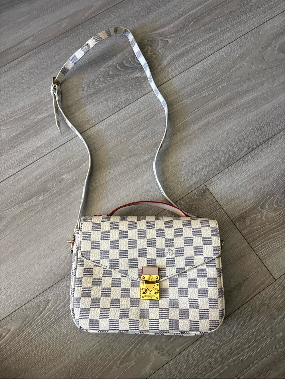 Louis Vuitton White and Light Gray Checked Crossbody with Gold Lock and Red Trim